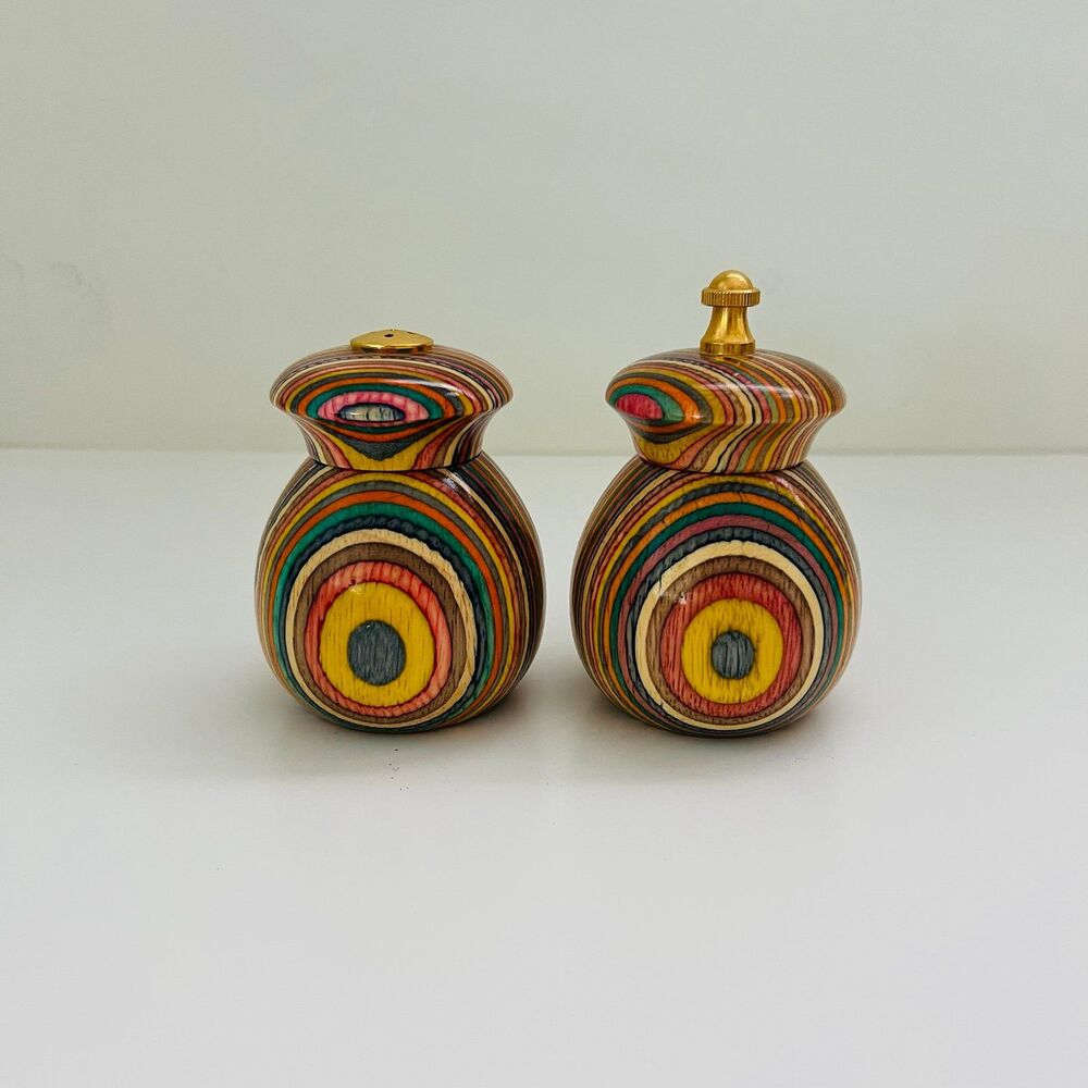 MR. DUDLEY Rainbow Striped Laminated Wood Gold Hardware Salt & Pepper Shakers